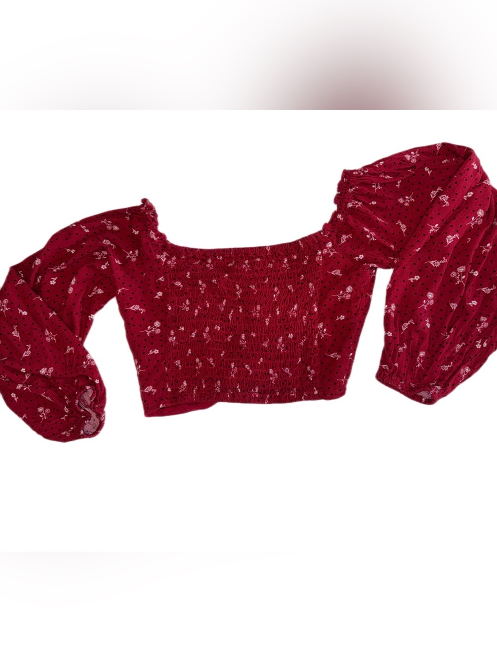 Aeropostale XS Red Floral‎ Smocked Crop Top Long Balloon Sleeve Rayon Boho - Picture 3 of 9